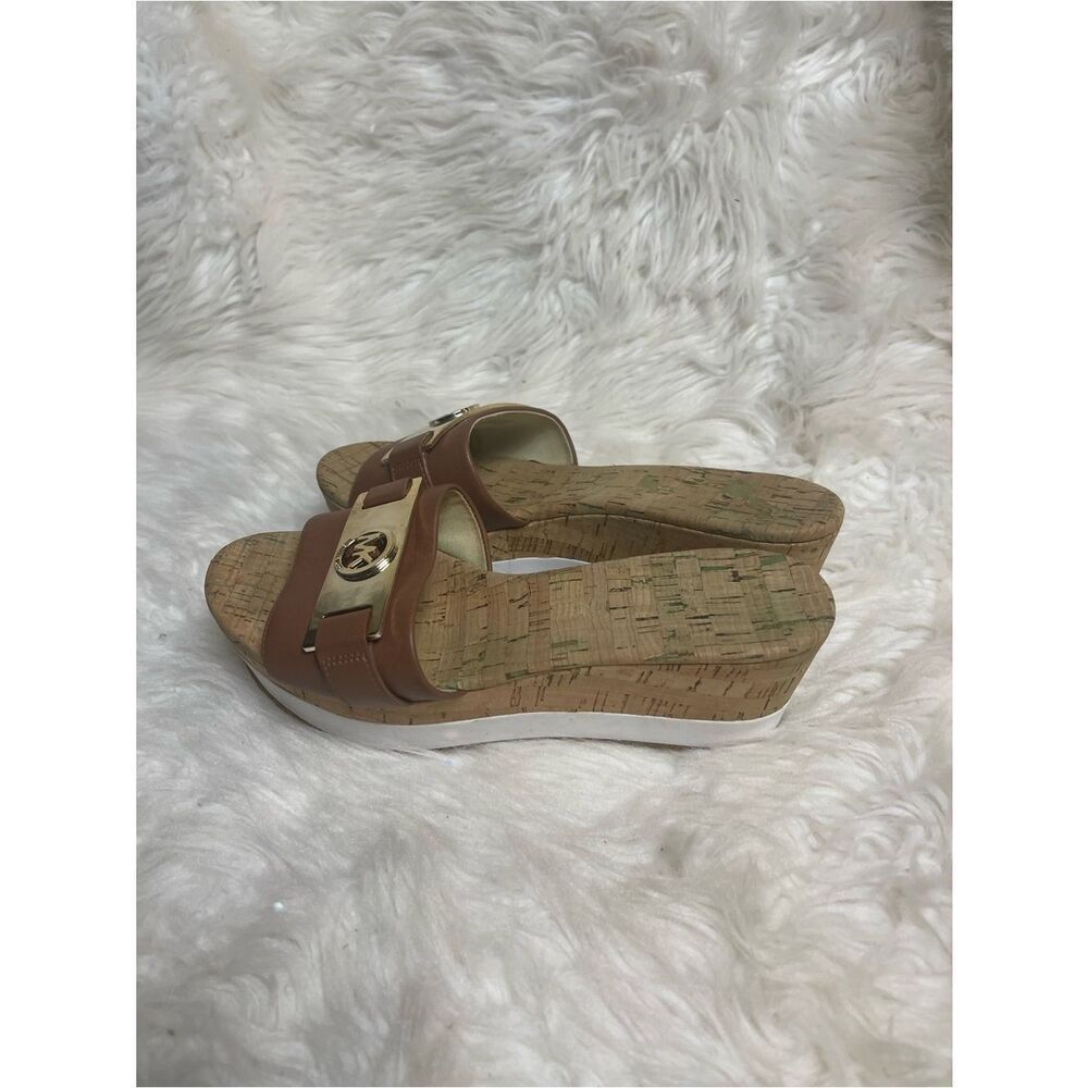 Michael Kors Brown Leather Cork Wedge Slides with Gold Logo SZ7M